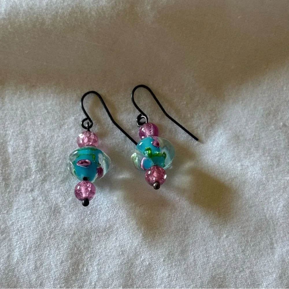 Pink and Blue Handblown Glass Bead Earrings
